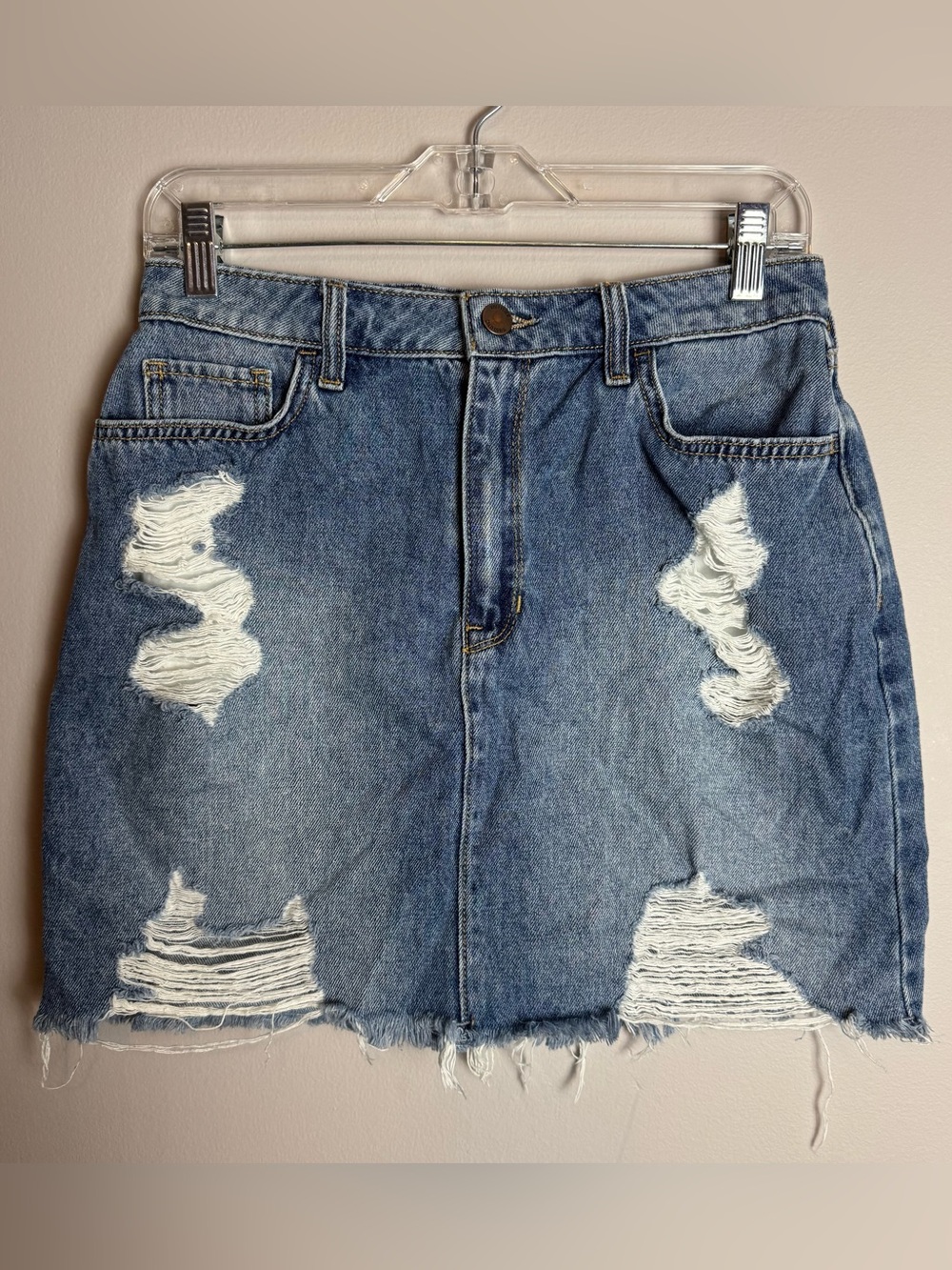 Hollister Curvy Ultra High Rise Denim Distressed Skirt Size 7/28